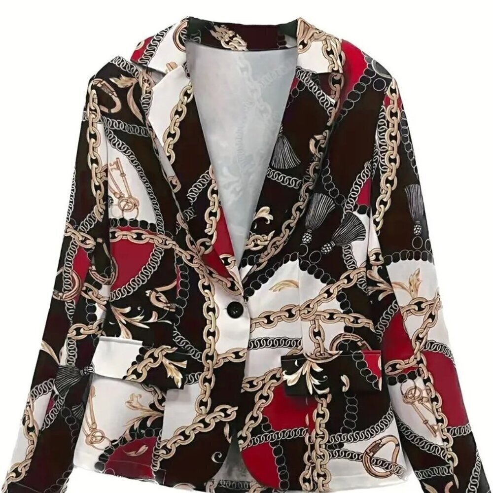Elegant Long Sleeve Chain Print One Button Blazer - Picture 2 of 3